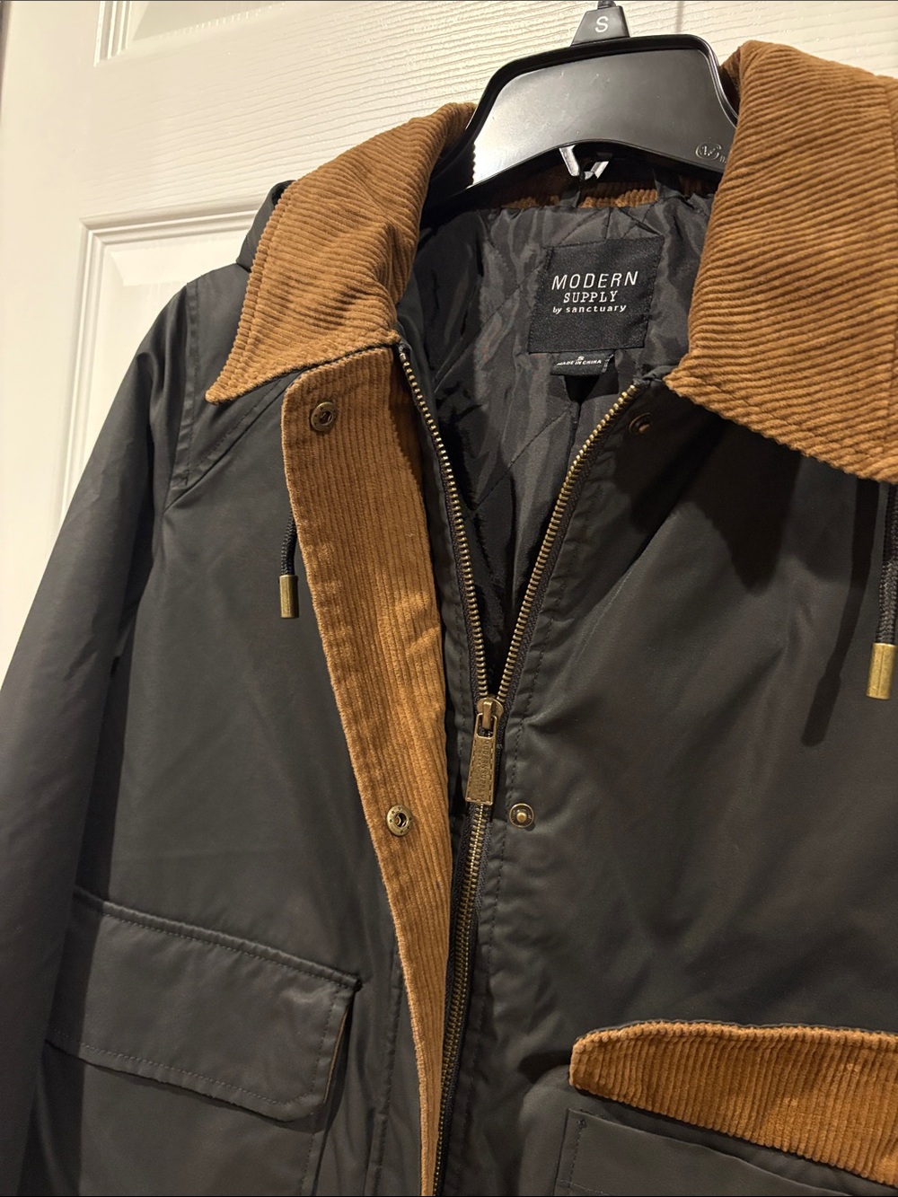 Sanctuary Black Utility Jacket with Brown Corduroy Trimmed Collar - Picture 3 of 11